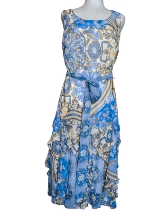 Robbie Bee Dresses & Skirts - Robbie Bee Sleeveless Blue & Cream Paisley Hankercheif Midi Dress with Tie Waist